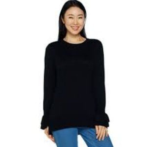 NWT ISAAC MIZRAHI BLACK RUFFLE CREW NECKLINE BELL SLEEVE TUNIC SWEATER LARGE